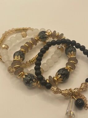 Gold Accent Beaded Bracelet Set w/ Black, White and Gray Glass and Acrylic Beads
